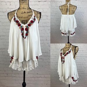 Umgee Halter Style Embroidered Details Ruffle Romper